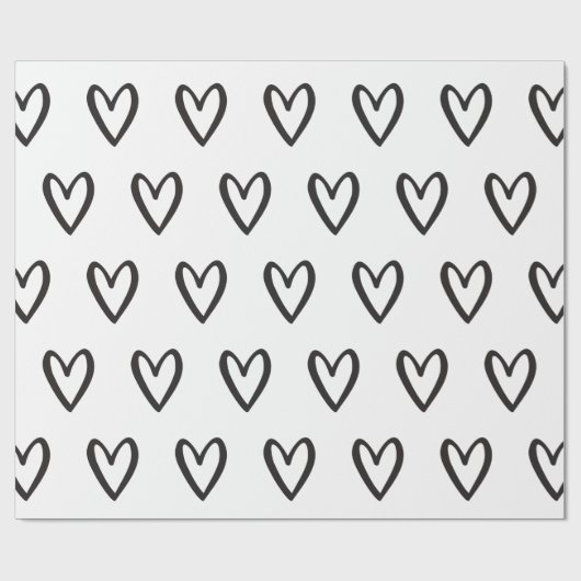 Schwarz auf weißem, handgezeichnetem Herzen Geschenkpapier (Flach)