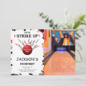 Schwarz bearbeitbarer Bowling Foto Einladung (Stehend Vorderseite)