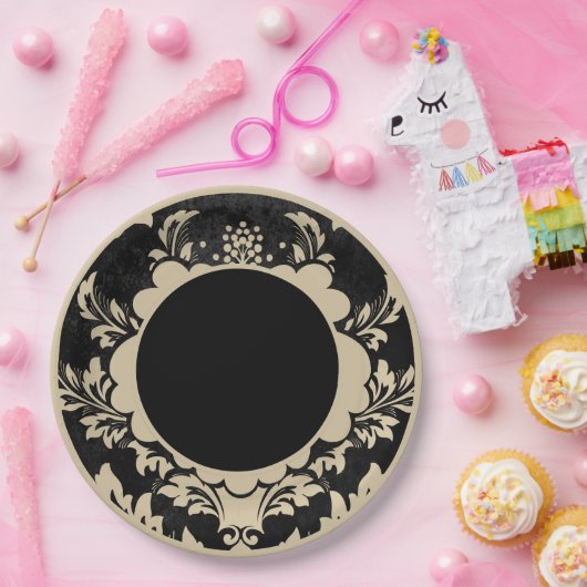 Schwarz-Beige Blumenplatte Pappteller (Party)