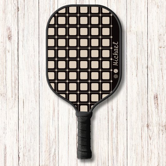 Schwarz-Beige Geometrisches Muster Modernes Monogr Pickleball Schläger
