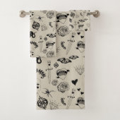 Schwarz & Beige Hand Dragezeichnetes Tattoo-Muster Badhandtuch Set (Insitu)
