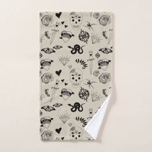 Schwarz & Beige Hand Dragezeichnetes Tattoo-Muster Badhandtuch Set (Handtuch)