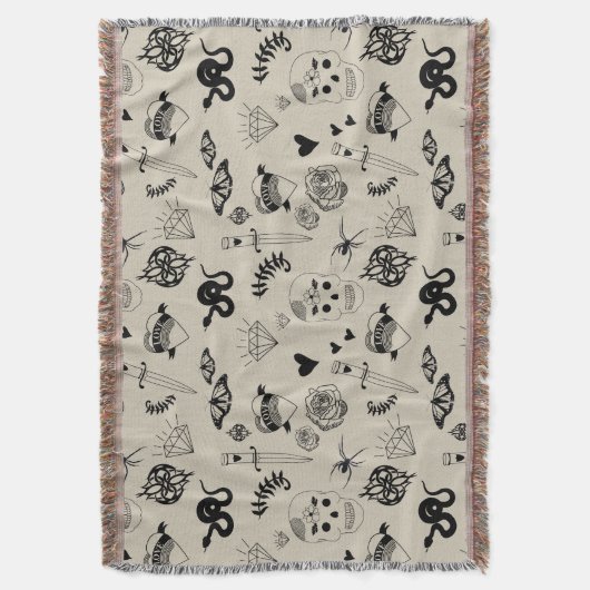 Schwarz & Beige Hand Dragezeichnetes Tattoo-Muster Decke (Vorderseite Vertikal)