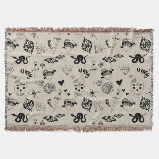 Schwarz & Beige Hand Dragezeichnetes Tattoo-Muster Decke (Vorderseite)