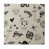 Schwarz & Beige Hand Dragezeichnetes Tattoo-Muster Fliese (Vorderseite)