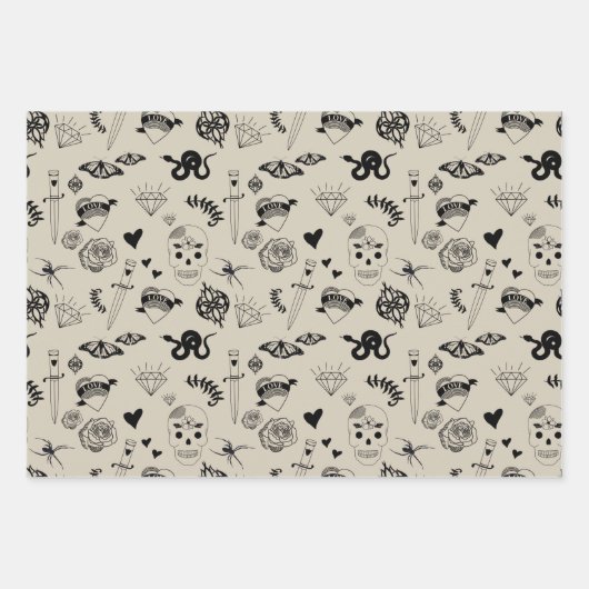 Schwarz & Beige Hand Dragezeichnetes Tattoo-Muster Geschenkpapier Set (Vorderseite 2)