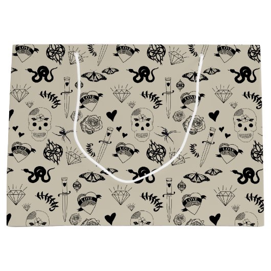 Schwarz & Beige Hand Dragezeichnetes Tattoo-Muster Große Geschenktüte (Vorderseite)
