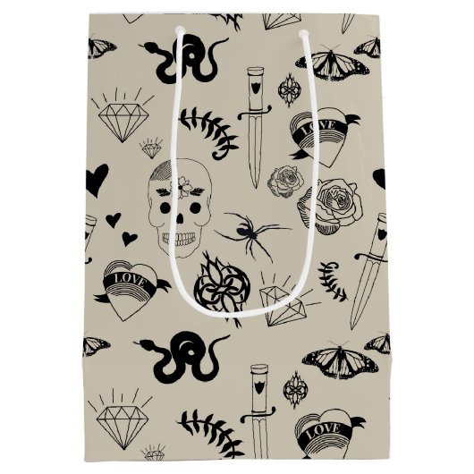 Schwarz & Beige Hand Dragezeichnetes Tattoo-Muster Mittlere Geschenktüte (Rückseite)