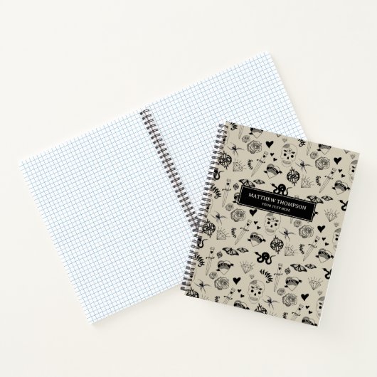 Schwarz & Beige Hand Dragezeichnetes Tattoo-Muster Notizblock (Innenseite)