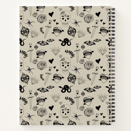 Schwarz & Beige Hand Dragezeichnetes Tattoo-Muster Notizblock (Rückseite)