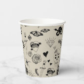 Schwarz & Beige Hand Dragezeichnetes Tattoo-Muster Pappbecher (Rückseite)