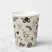 Schwarz & Beige Hand Dragezeichnetes Tattoo-Muster Pappbecher (Links)