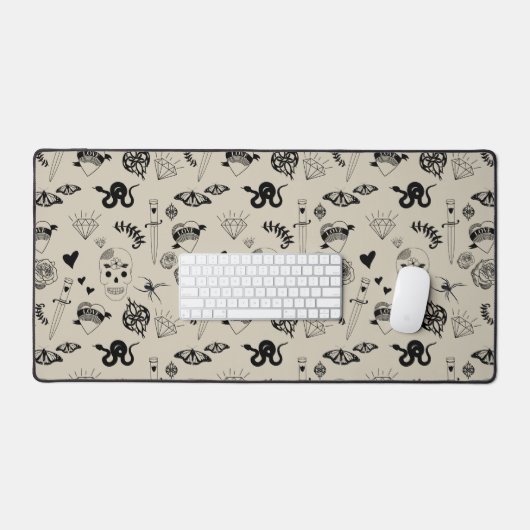 Schwarz & Beige Hand Dragezeichnetes Tattoo-Muster Schreibtischunterlage (Tastatur & Maus)