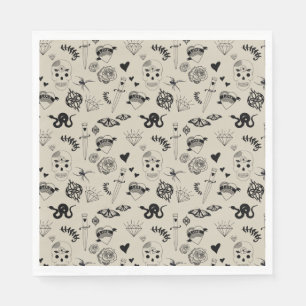 Schwarz & Beige Hand Dragezeichnetes Tattoo-Muster Serviette