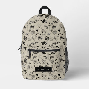 Schwarz & Beige Handgezeichnetes Tattoo-Muster Bedruckter Rucksack