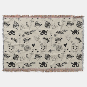 Schwarz & Beige Handgezeichnetes Tattoo-Muster Decke
