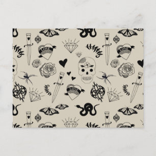 Schwarz & Beige Handgezeichnetes Tattoo-Muster Feiertagspostkarte