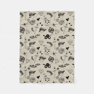 Schwarz & Beige Handgezeichnetes Tattoo-Muster Fleecedecke