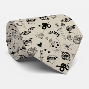Schwarz & Beige Handgezeichnetes Tattoo-Muster Krawatte