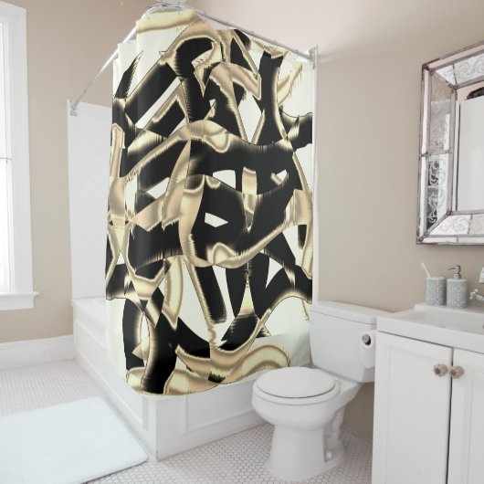 Schwarz-Beige-Schrott, zerstörte Bänder auf klarem Duschvorhang (Beispiel)