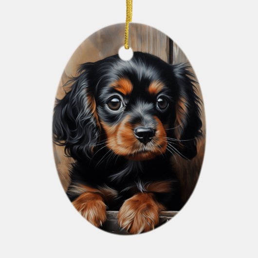 Schwarz-Bein-Cavalier-Welpe Keramik Ornament (Vorne)