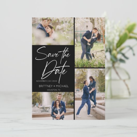 Schwarz-Bild-Collage Save The Date (Stehend Vorderseite)