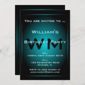 Schwarz/Blassblau Glow Monogram Sci-fi-Einladung Einladung (Vorne/Hinten)