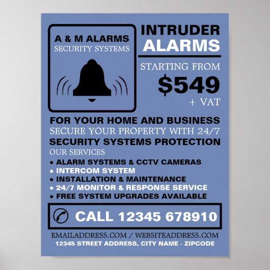 Schwarz/Blau-Alarm-Logo, Sicherheitsalarm-Service Poster (Vorne)