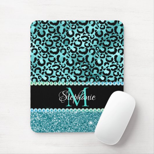 Schwarz/Blau Aquamarin Leopard Girly Glam Monogram Mousepad (Mit Mouse)