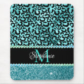 Schwarz/Blau Aquamarin Leopard Girly Glam Monogram Mousepad (Vorne)