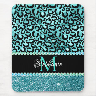 Schwarz/Blau Aquamarin Leopard Girly Glam Monogram Mousepad