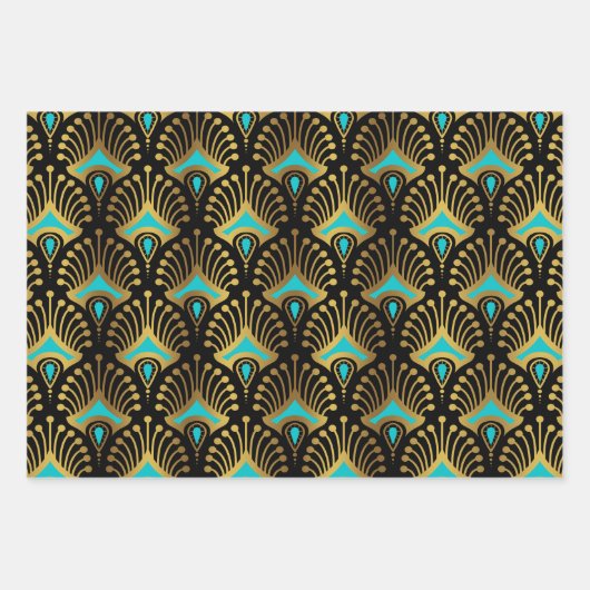 Schwarz-Blau-Art-Deco-Muster Geschenkpapier Set (Vorderseite)