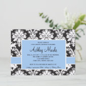 Schwarz-Blau-Damast-Einladung Einladung (Stehend Vorderseite)