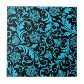 Schwarz & Blau Elegantes Muster für Damaskus-Flora Fliese (Vorderseite)