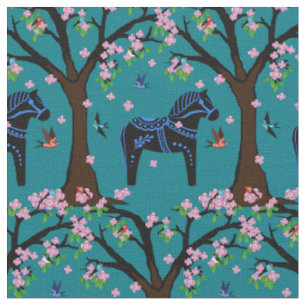 Schwarz/Blau Folk Dala Pferd/Folkvögel/Blume 2.7 Stoff