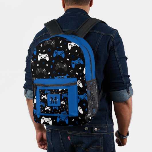 Schwarz Blau Gaming Controller Muster Monogramm Na Bedruckter Rucksack (Insitu (Modell))