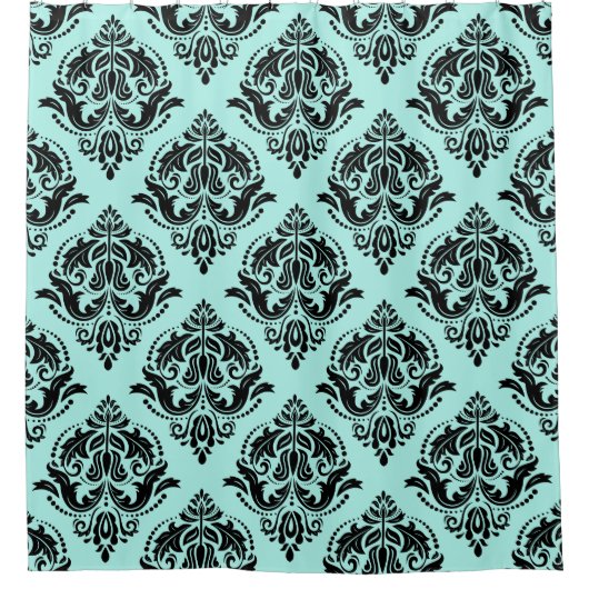 Schwarz-Blau-Grün-Damaskus-Muster Duschvorhang (Vorderseite)