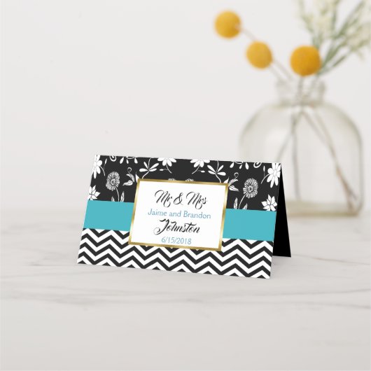 Schwarz-Blau-Hochzeitskarten für die Tischnummer Platzkarte (Rückseite)