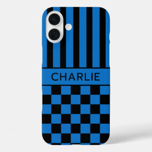 Schwarz-blau kariert gestreift personalisiert iPhone 16 plus hülle