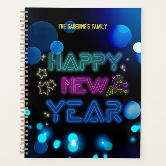 Schwarz & Blau Midnight Sparkle Neon Glow Neujahr Planer (Vorderseite)
