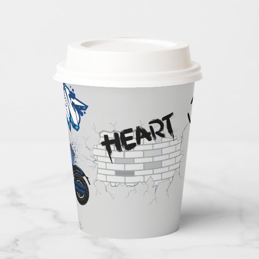 Schwarz-Blau-Motorrad grau Pappbecher (Links)