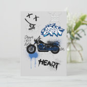 Schwarz-Blau-Motorradgraffiti grau Einladung (Stehend Vorderseite)