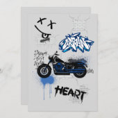 Schwarz-Blau-Motorradgraffiti grau Einladung (Vorne/Hinten)