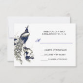 Schwarz-Blau Pfau zeichnend Hochzeitskarten RSVP Karte (Vorderseite)