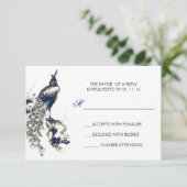Schwarz-Blau Pfau zeichnend Hochzeitskarten RSVP Karte (Stehend Vorderseite)