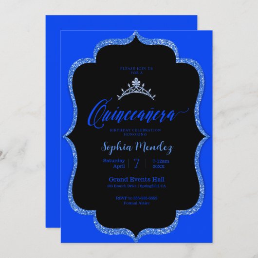 Schwarz-Blau Quinceanera Einladung (Vorne/Hinten)