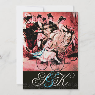 SCHWARZ BLAU ROT FAHRRAD HOCHZEIT DAMAST MONOGRAMM EINLADUNG