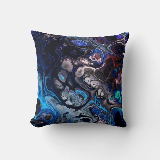 Schwarz, Blau und Bordeaux, abstrakte gefärbte Kra Kissen (Vorderseite)