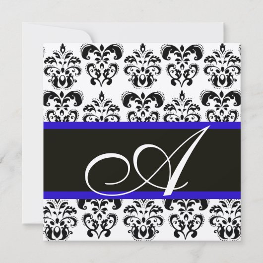 SCHWARZ, BLAU UND WEISS CHAMPAGNE DAMASK MONOGRAMM EINLADUNG (Vorderseite)