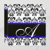 SCHWARZ, BLAU UND WEISS CHAMPAGNE DAMASK MONOGRAMM EINLADUNG (Vorne/Hinten)